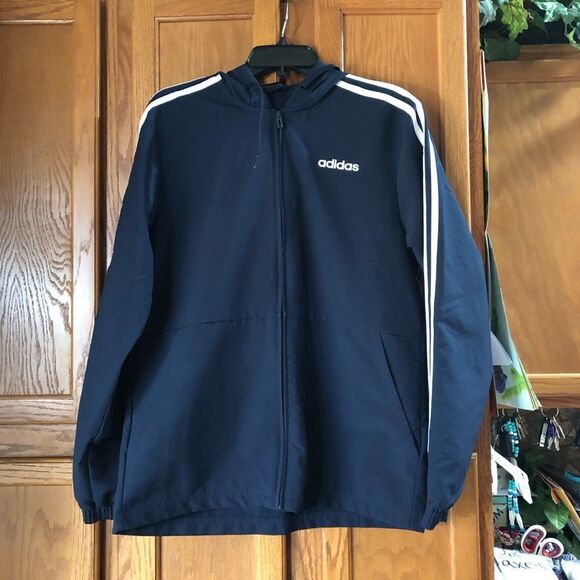 Adidas Men’s Essentials Woven 3 Stripes Windbreaker Jacket Navy Blue White - S - Picture 1 of 10